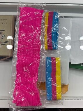 Bright Pink Kids Knit Leg Warmers with Rainbow Striped Wristbands
